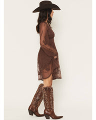 Women's Embroidered Mesh Long Sleeve Button Front Mini Dress