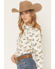 Women's Horse Print Long Sleeve Snap Stretch Western Shirt