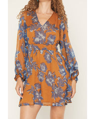 Women's Floral Print Long Sleeve Chiffon Mini Dress