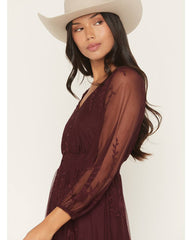 Women's Hillside Floral Embroidered Long Sleeve Button-Down Mesh Midi Dress