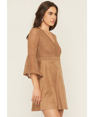 Women's Faux Suede Lace Bell Sleeve Mini Dress