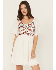 Women's Embroidered Crinkle Flutter Sleeve Mini Dress