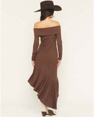 Women's Rib Knit Off The Shoulder Long Sleeve Asymmetrical Dress
