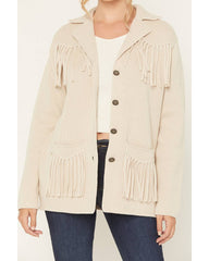 Women's Solid Fringe Button-Down Sweater