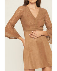 Women's Faux Suede Lace Bell Sleeve Mini Dress