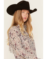 Women's Printed Long Sleeve Fringe Button-Down Western Shirt
