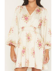 Women's Floral Print Long Sleeve Satin Mini Dress