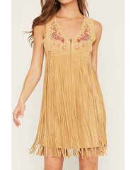 Women's Embroidered Faux Suede Fringe Mini Dress