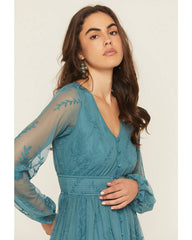 Women's Embroidered Mesh Long Sleeve Button Front Mini Dress