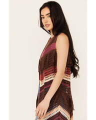 Women's Long Striped Crochet Fringe Sweater Vest
