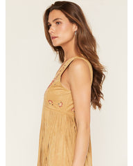 Women's Embroidered Faux Suede Fringe Mini Dress