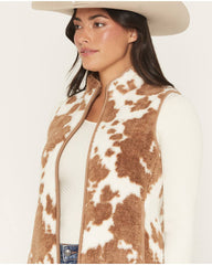 Women's Jean Cow Print Sherpa Zip-Up Vest