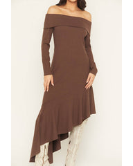Women's Rib Knit Off The Shoulder Long Sleeve Asymmetrical Dress
