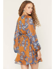 Women's Floral Print Long Sleeve Chiffon Mini Dress