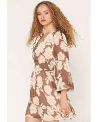 Women's Floral Long Sleeve Crinkle Mini Dress