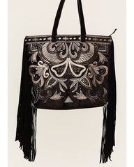 Women's Velvet Embroidered Beaded & Fringe Tote