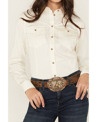 Women's Poplin Embroidered Long Sleeve Button-Down Stretch Western Shirt