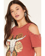 Women's Steer Head Cold Shoulder Short Sleeve Graphic Tee