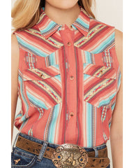 Women's Southwestern Stripe Print Sleeveless Button-Down Western Shirt