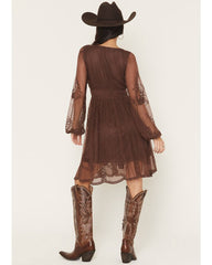Women's Embroidered Mesh Long Sleeve Button Front Mini Dress